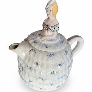Vintage Willoughby Studio Figural Lady Teapot Crackle Glaze Blue Floral Art USA
